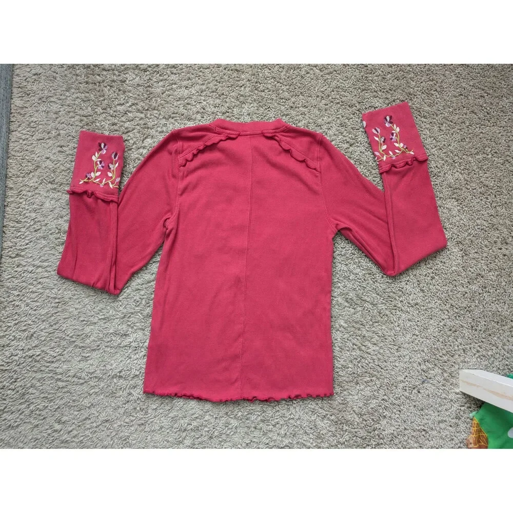 Free People Fleur Embroidered Cuff Henley Top Womens M Red-Pink Floral Boho